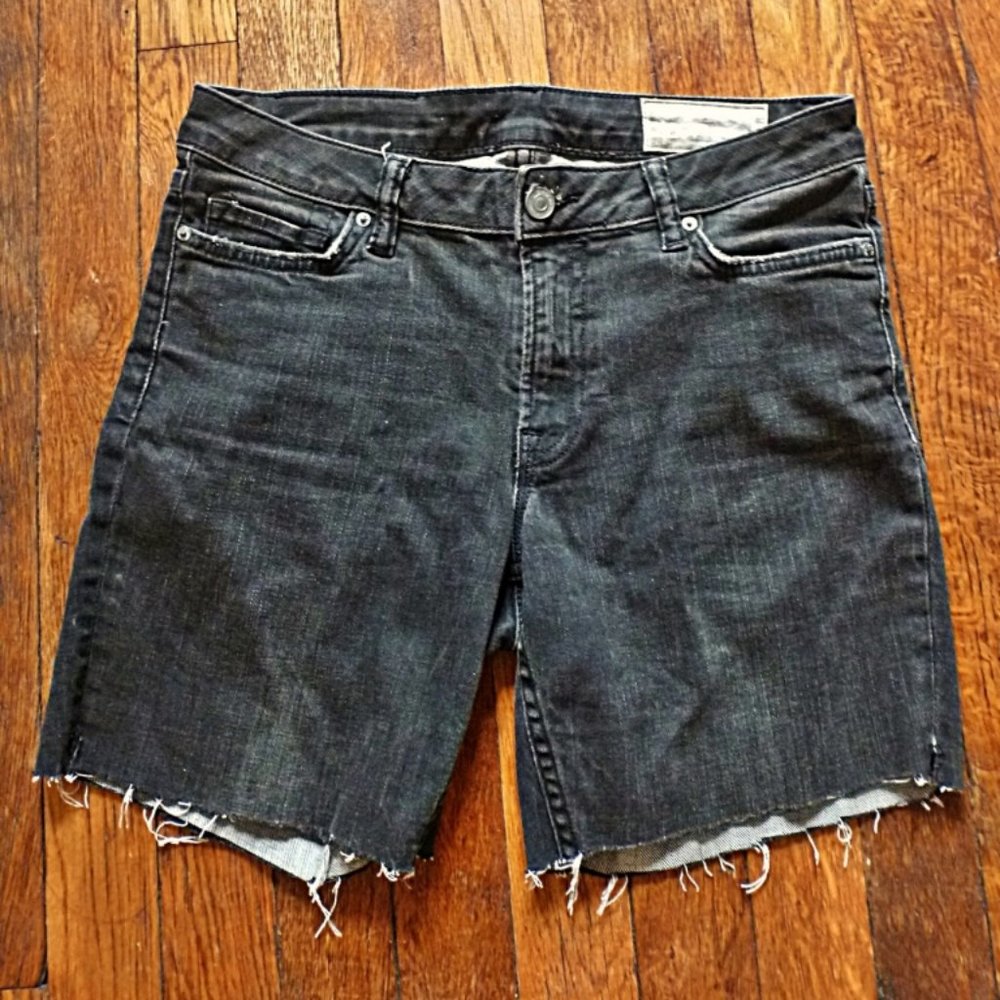 AllSaints Low Rise Raw Hem Black Denim Shorts, Size 26